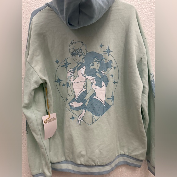 HOT TOPIC Sailor Moon Uranus & Neptune 1/4 Zip Hoodie XL NWT Light Blue Manga - Picture 3 of 11